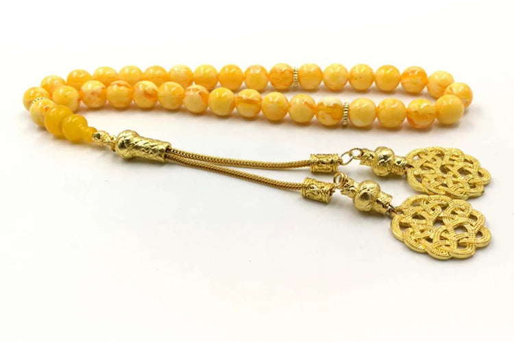 Muslim Rosary Yellow resin  beads Tasbih gift Ramadan Golden metal tassel Tarbons Misbaha Islamic Bracelets