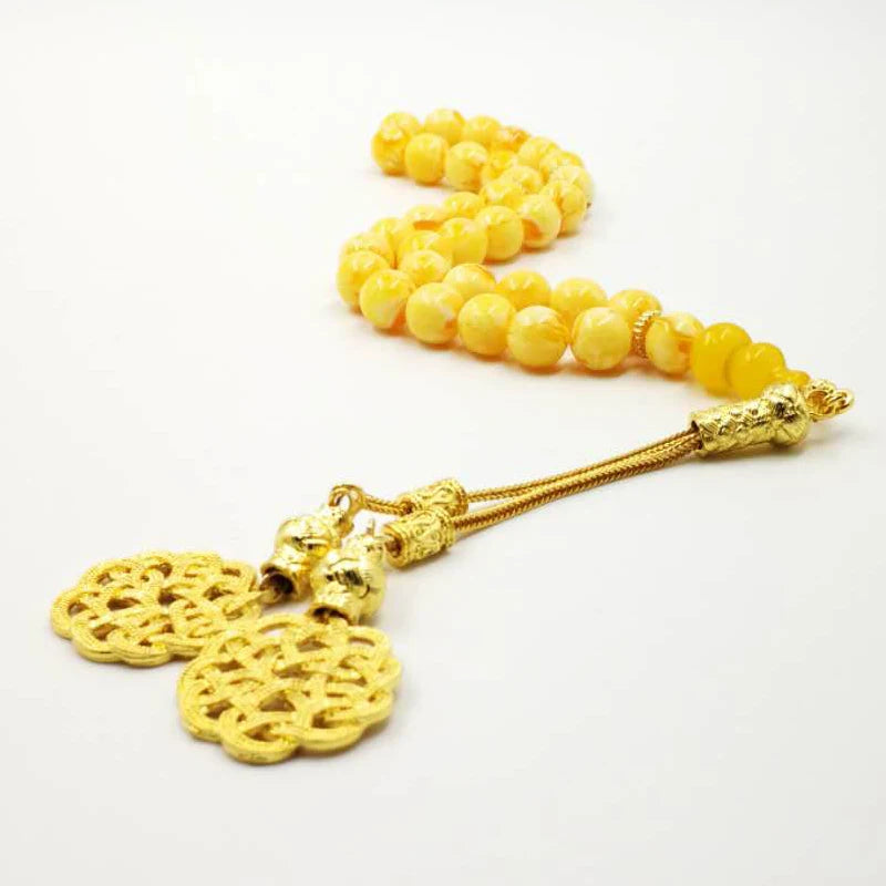 Muslim Rosary Yellow resin  beads Tasbih gift Ramadan Golden metal tassel Tarbons Misbaha Islamic Bracelets