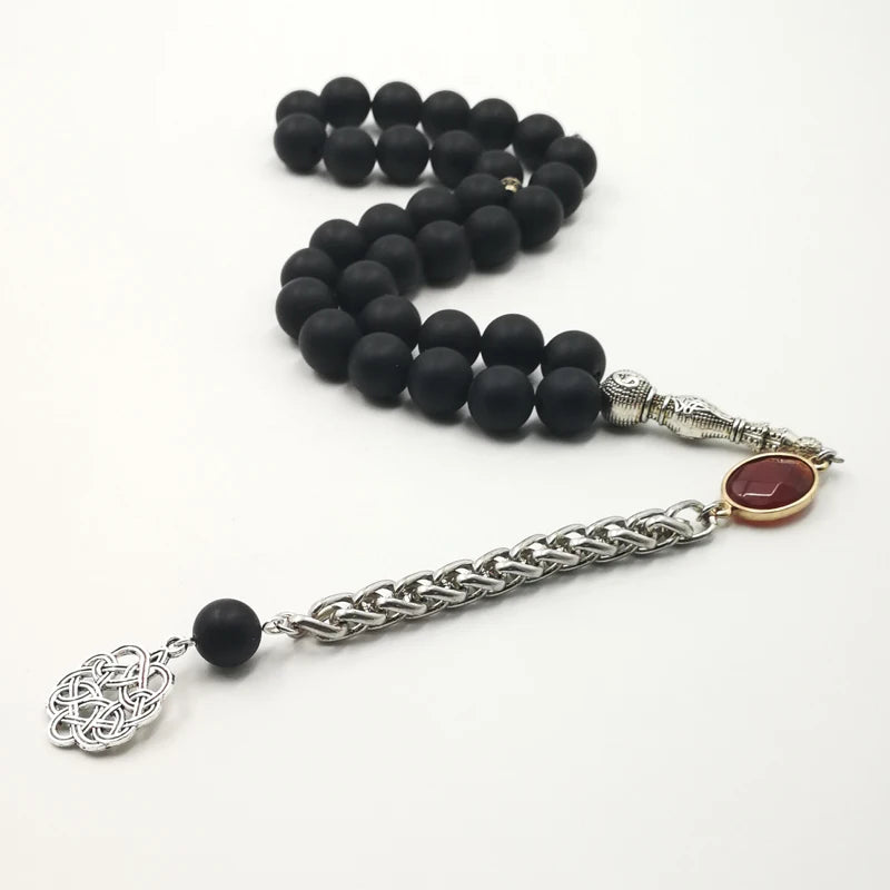 Natural Frosted black agates tasbih with Red Agates  Special Metal tassel Onxy  prayer beads Bracelets