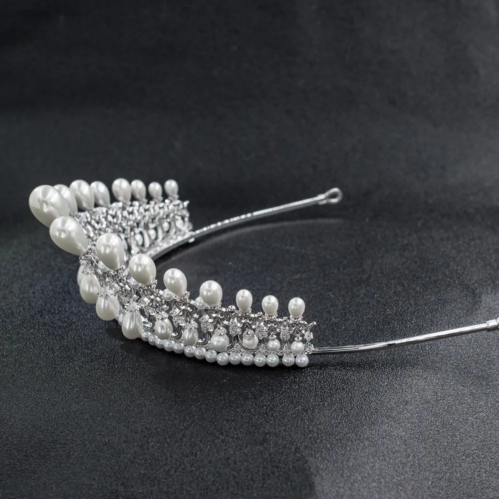 Zirconia Dangle Pearl Wedding Crown  Jewelry