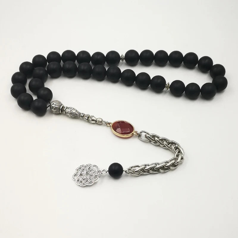 Natural Frosted black agates tasbih with Red Agates  Special Metal tassel Onxy  prayer beads Bracelets