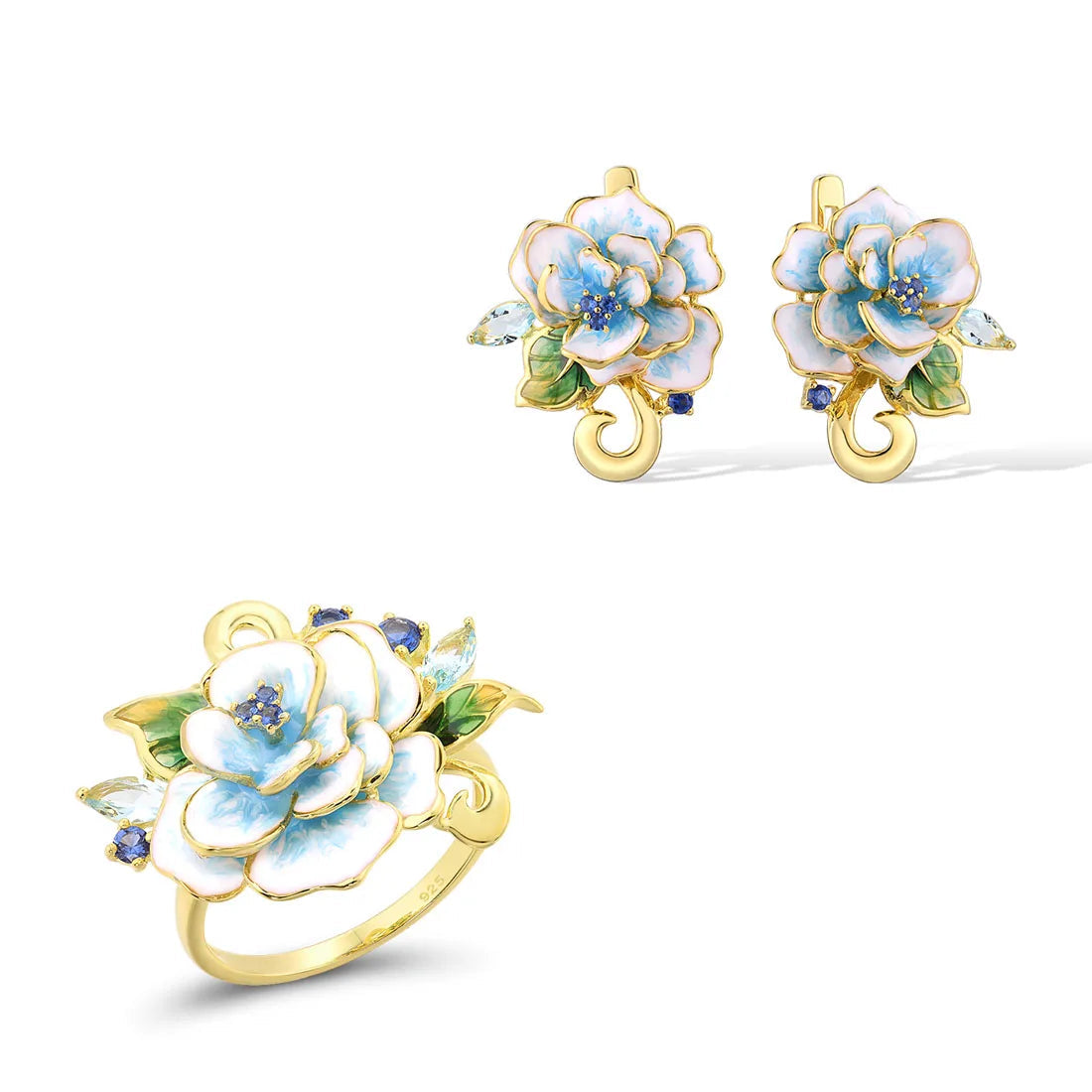 925 Sterling Silver Jewelry Set Blue Flower Zirconia