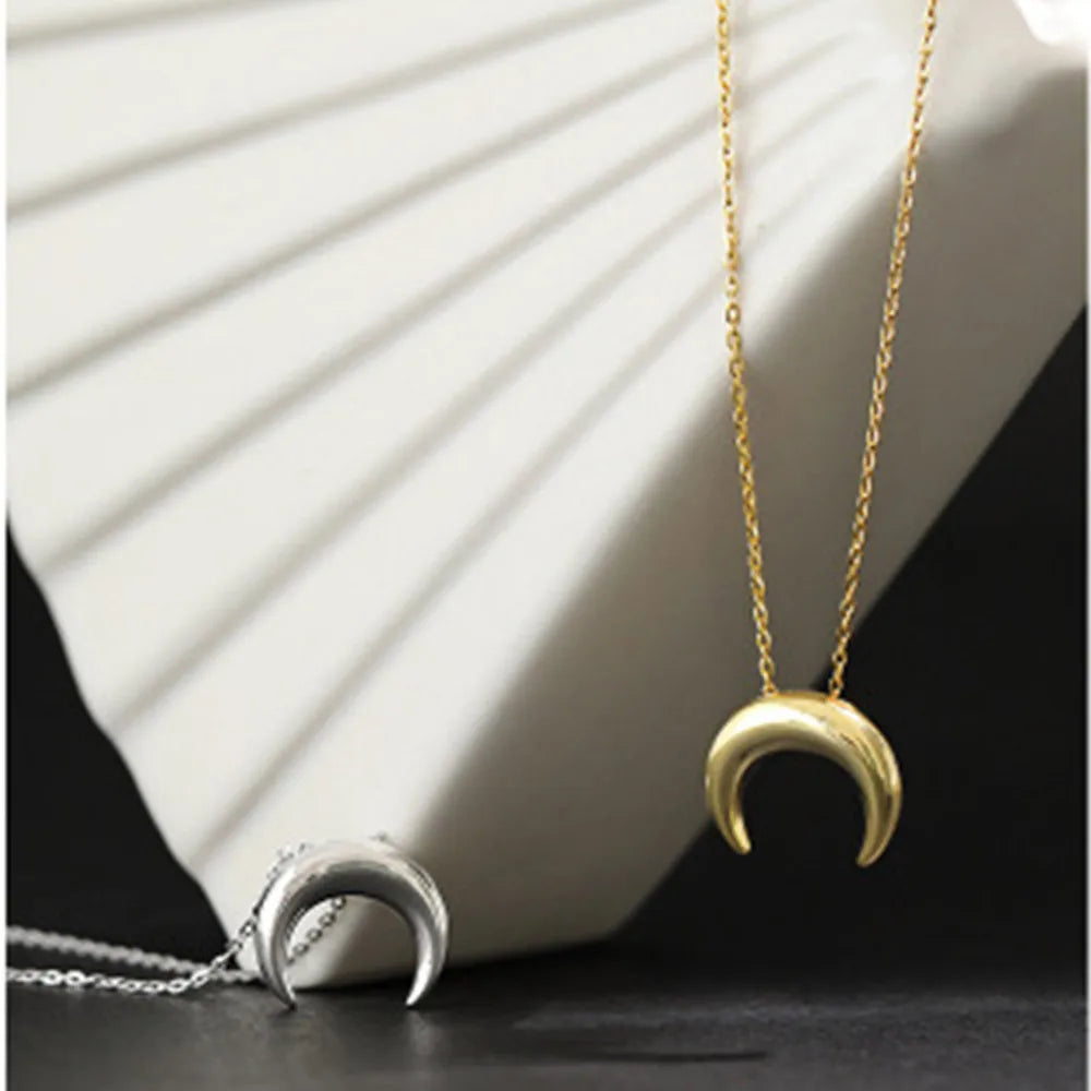 925 Sterling Silver Gold Plain Moon Charm Necklace  Simple Slim Dangle Jewelry