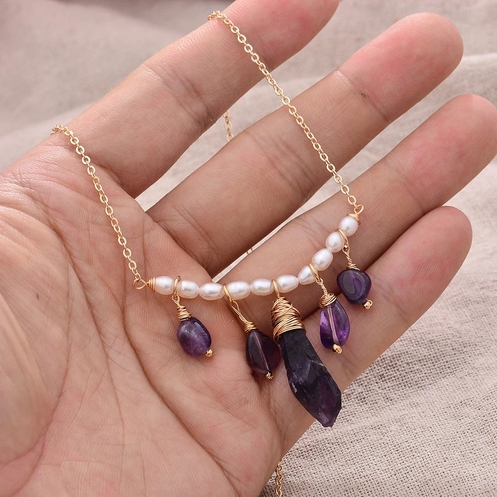 Original Handmade 14K Gold Filled Natural Irregular Amethyst Freshwater Pearl Ladies Pendant Necklace Jewelry