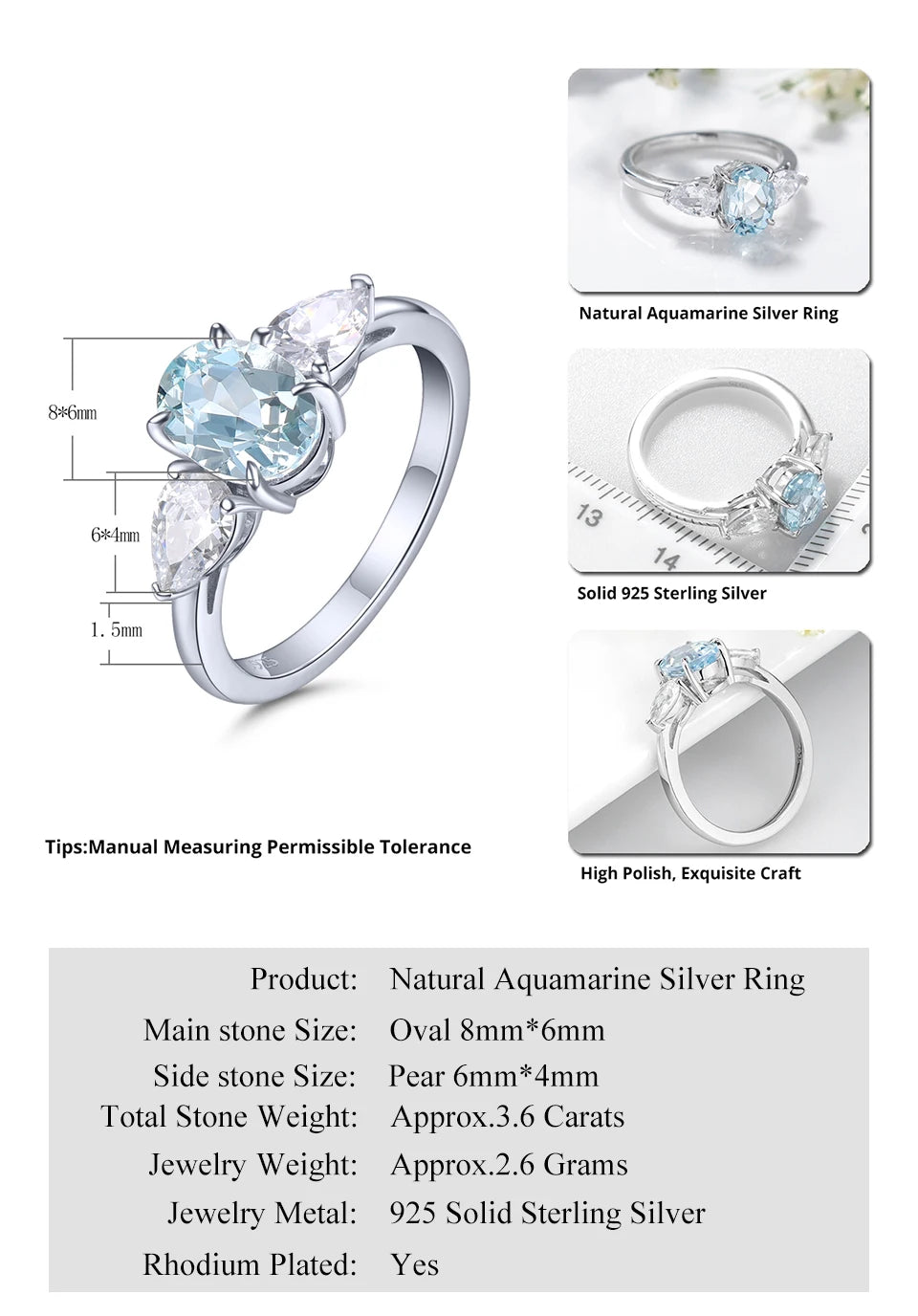 Natural Aquamarine Sterling Silver Rings 3.6 Carats Genuine Aquamarine Gemstone Light Blue Faced Cut Classic Style S925 Jewelry