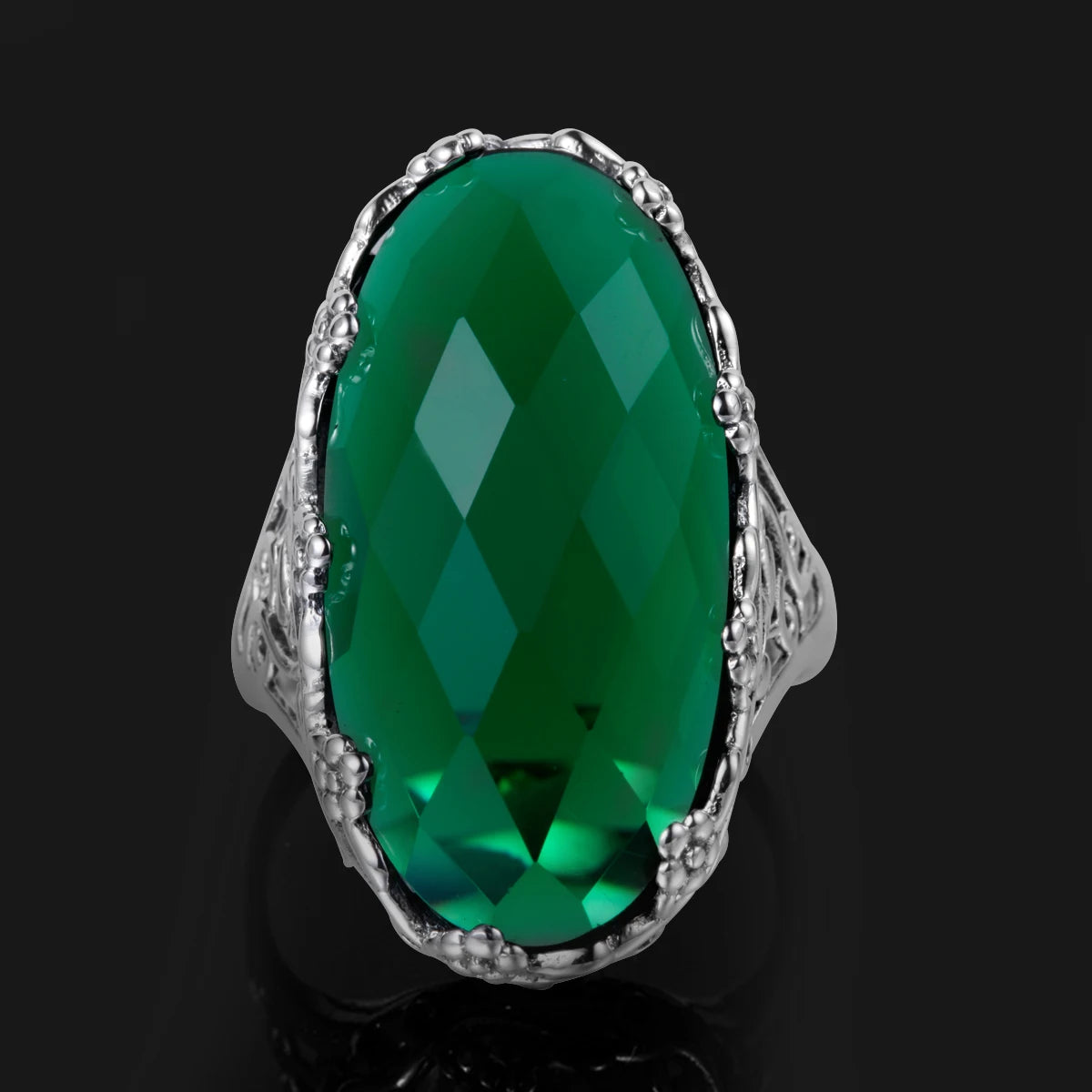 Green Stone Crystal Ring Big Stone Flower Pure 925  Sterling Silver Ring Classic Vintage Jewelry