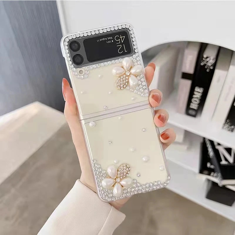 For Samsung Galaxy Z Flip 5 4 3 5G F7110 F7070 Rhinestones Crystal Pearl Crown Heart Wrist Luxury Phone Case Cover