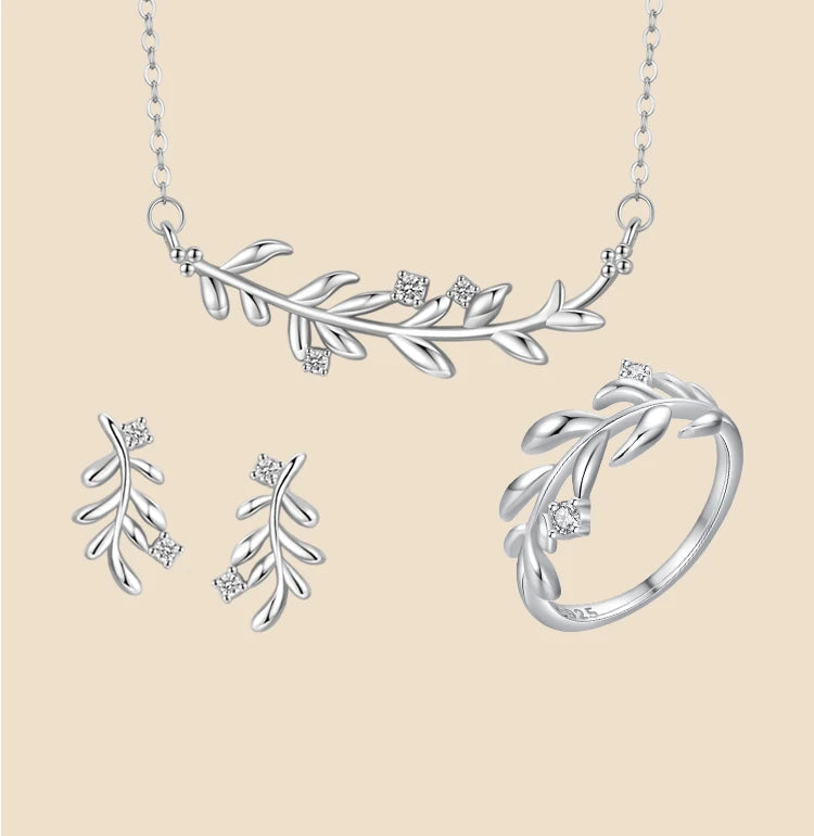 Real 925 Sterling Silver Fashion Tree Leaf Leaves&Branches Stud Jewelry Set