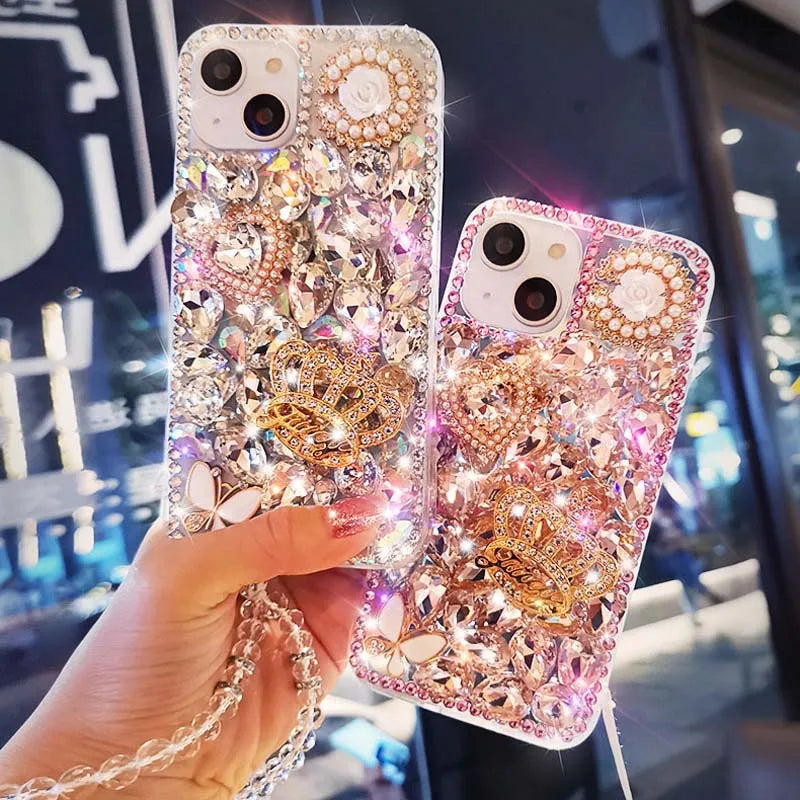 Hard PC Phone Cover Case for Huawei P50Pro, P40, Mate 30, Honor 9X, 50, 60Pro, Crown Diamond Design, Wristband, Mosaic