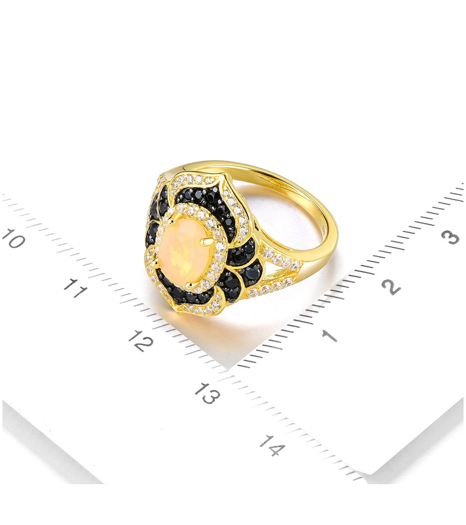 Natural Opal Black Spinel Silver Yellow Gold Plated Ring 2.5 Carats Genuine  Luxury