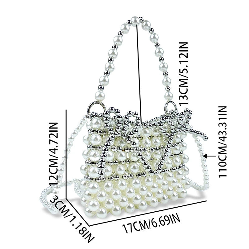 Western style Hollow Woven Pearl Bag Silver Bow Handheld Small Bag Fashionable Commuter Crossbody Bag Handmade Bag