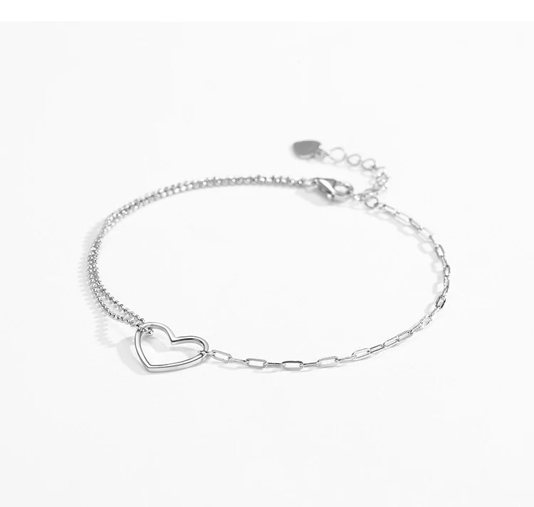 100% Real 925 Sterling Silver Fashion Simple Heart  Bracelet Jewelry