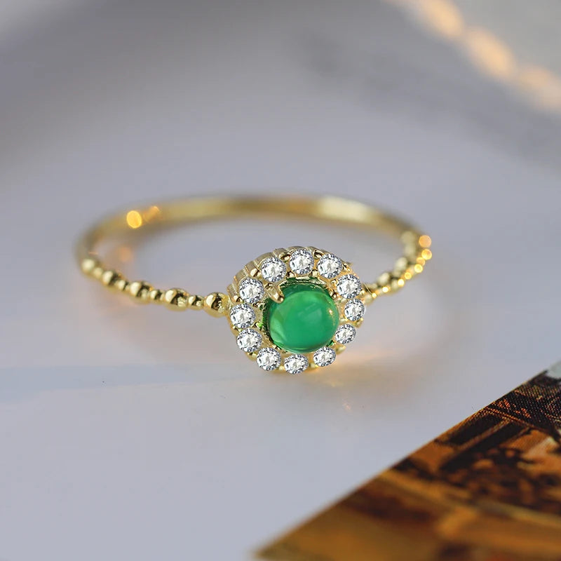 Retro Luxury Authentic S925 Silver 14K Gold Emerald Small Gold Bead Edge Ring Fashionable and Versatile