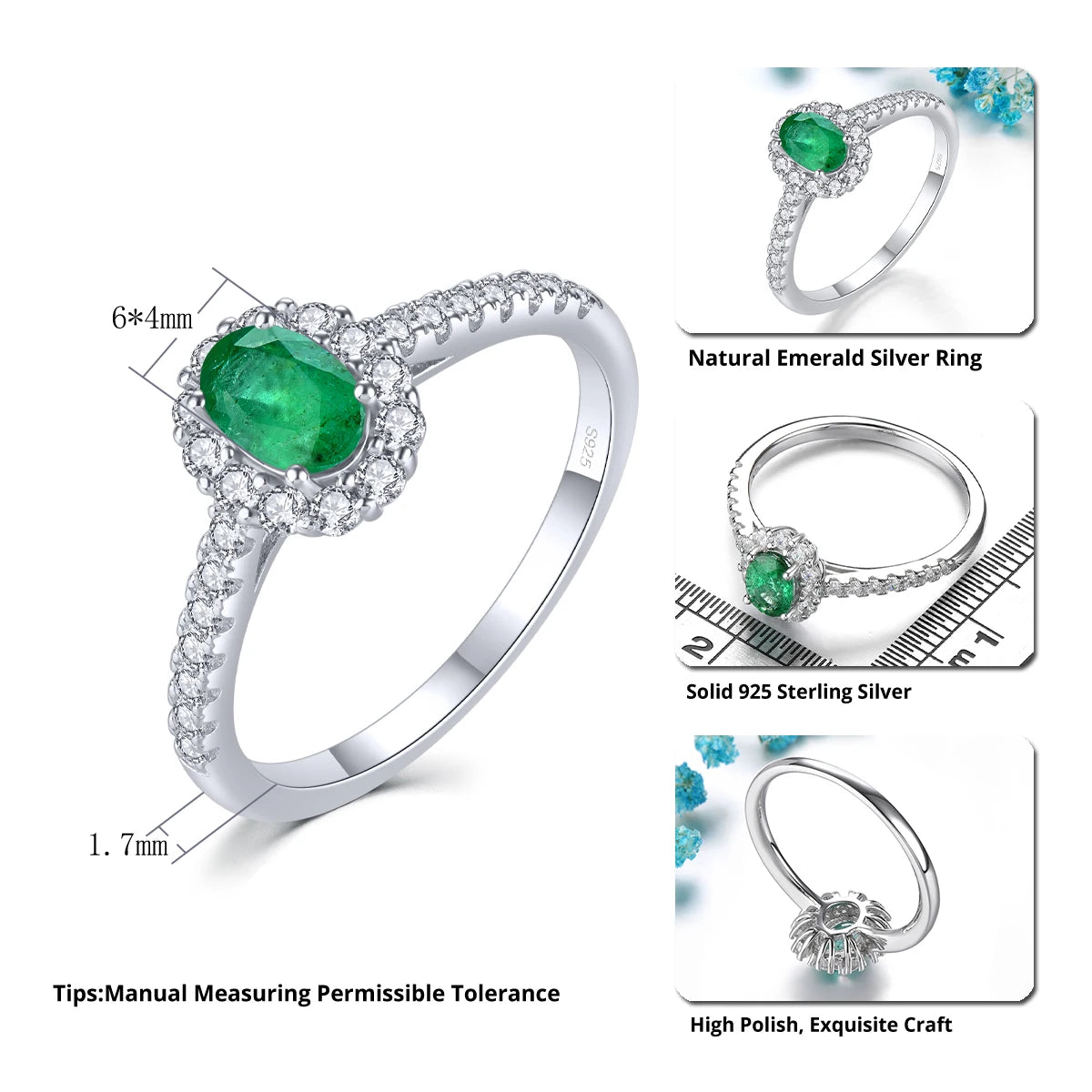 Natural Emerald Sterling Silver Rings 0.45 Carats Genuine Precious Gemstone Classic Fine Jewelrys Anniversary Engagement Gifts