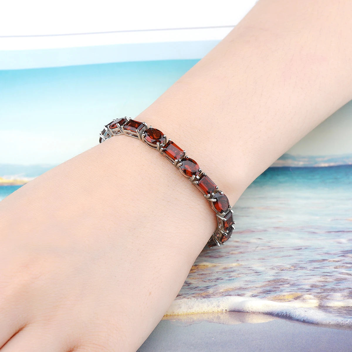 Natural Red Garnet Sterling Silver S925   Bracelet 38.5 Carats Genuine Gemstone Luxury Gorgerous