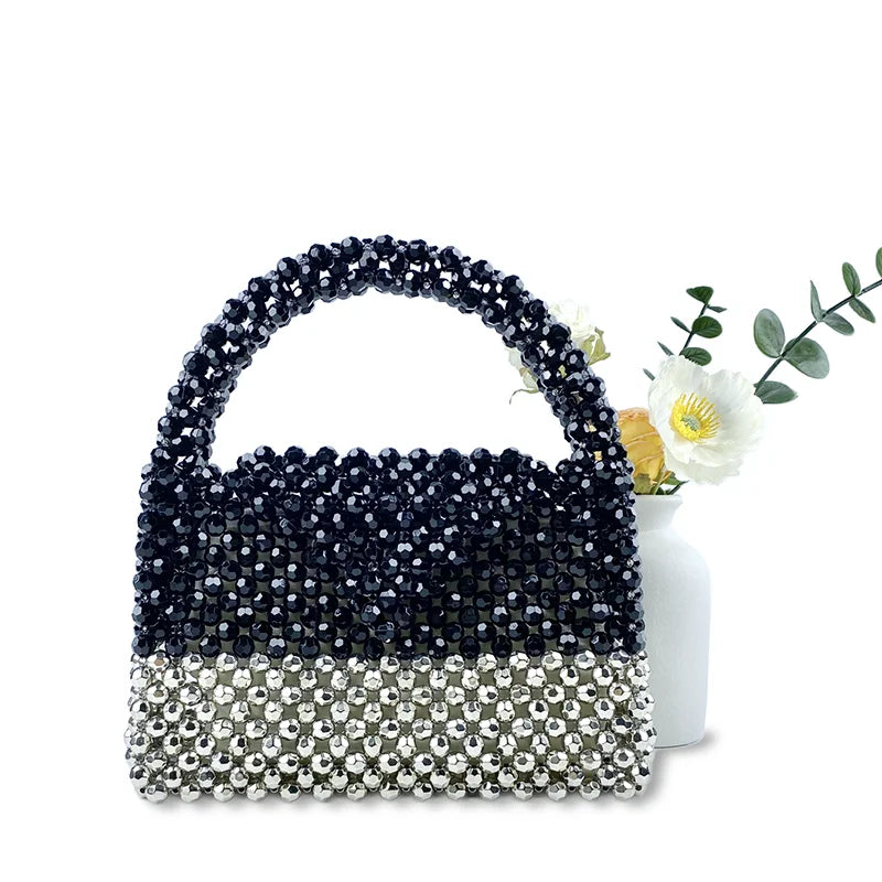 New Casual Style Versatile Black Silver Block Color Handmade Beaded Bag