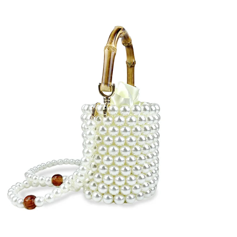 Product Network Red Bamboo Knot Handle Bag Pearl Chain Mini Bucket Bag