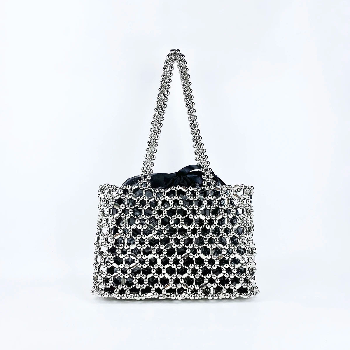 Fashionable niche retro shiny silver beaded bag woven lightweight hollow beaded versatile shoulder bag