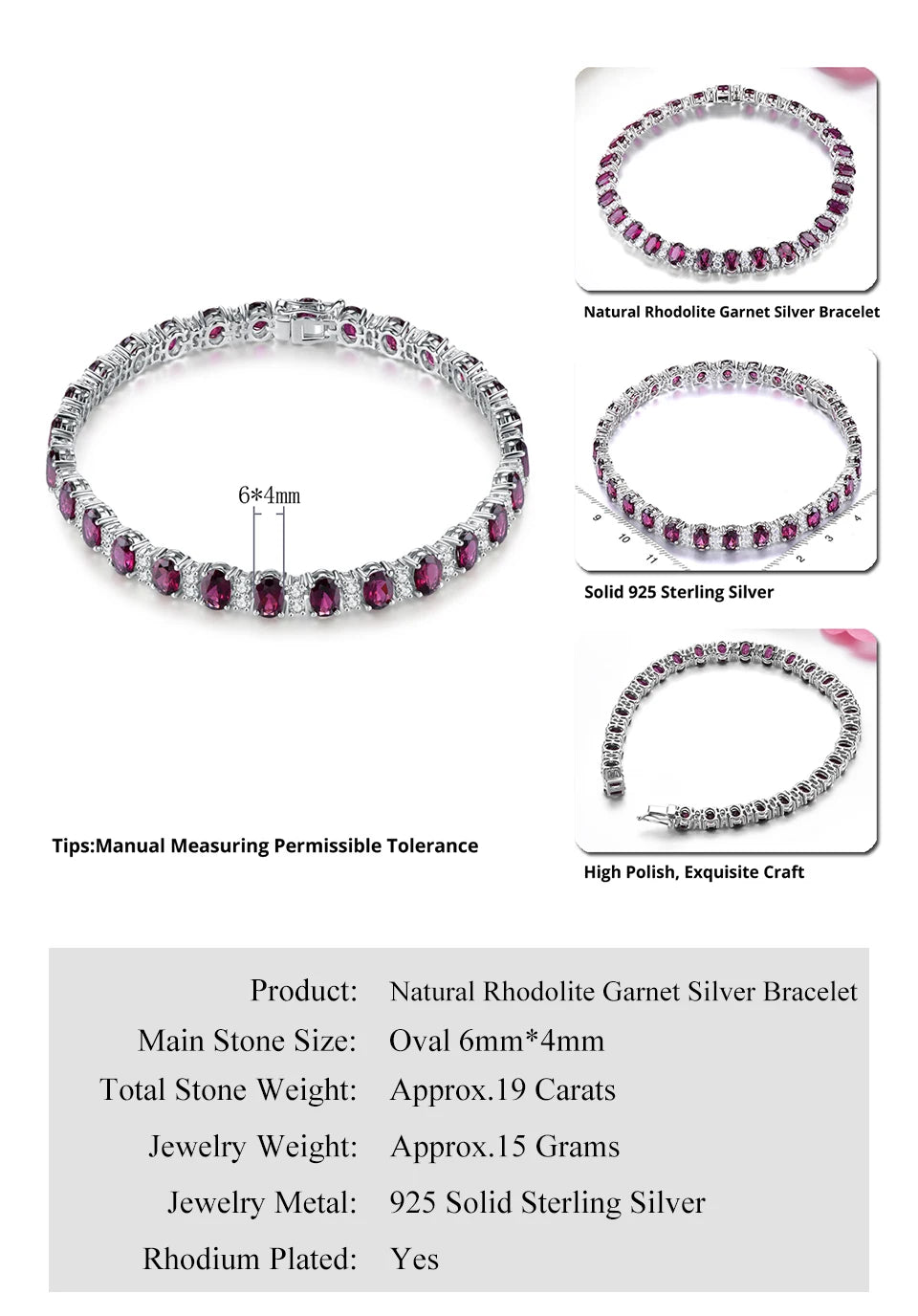 Natural Rhodolite Garnet Silver Bracelet 19 Carats Genuine Rose Garnet  Classic Style Luxury