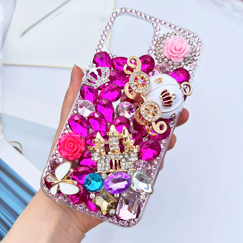 Handmade Crown Castle Pumpkin Car Rose Flower Case for Women, Sparkle Diamond, for Huawei P50Pro, P40, Honor 9X, 50, 60Pro