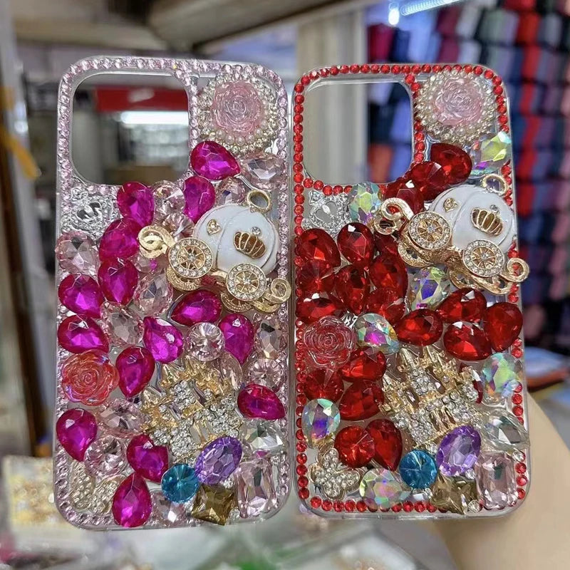 Handmade Crown Castle Pumpkin Car Rose Flower Case for Women, Sparkle Diamond, for Huawei P50Pro, P40, Honor 9X, 50, 60Pro