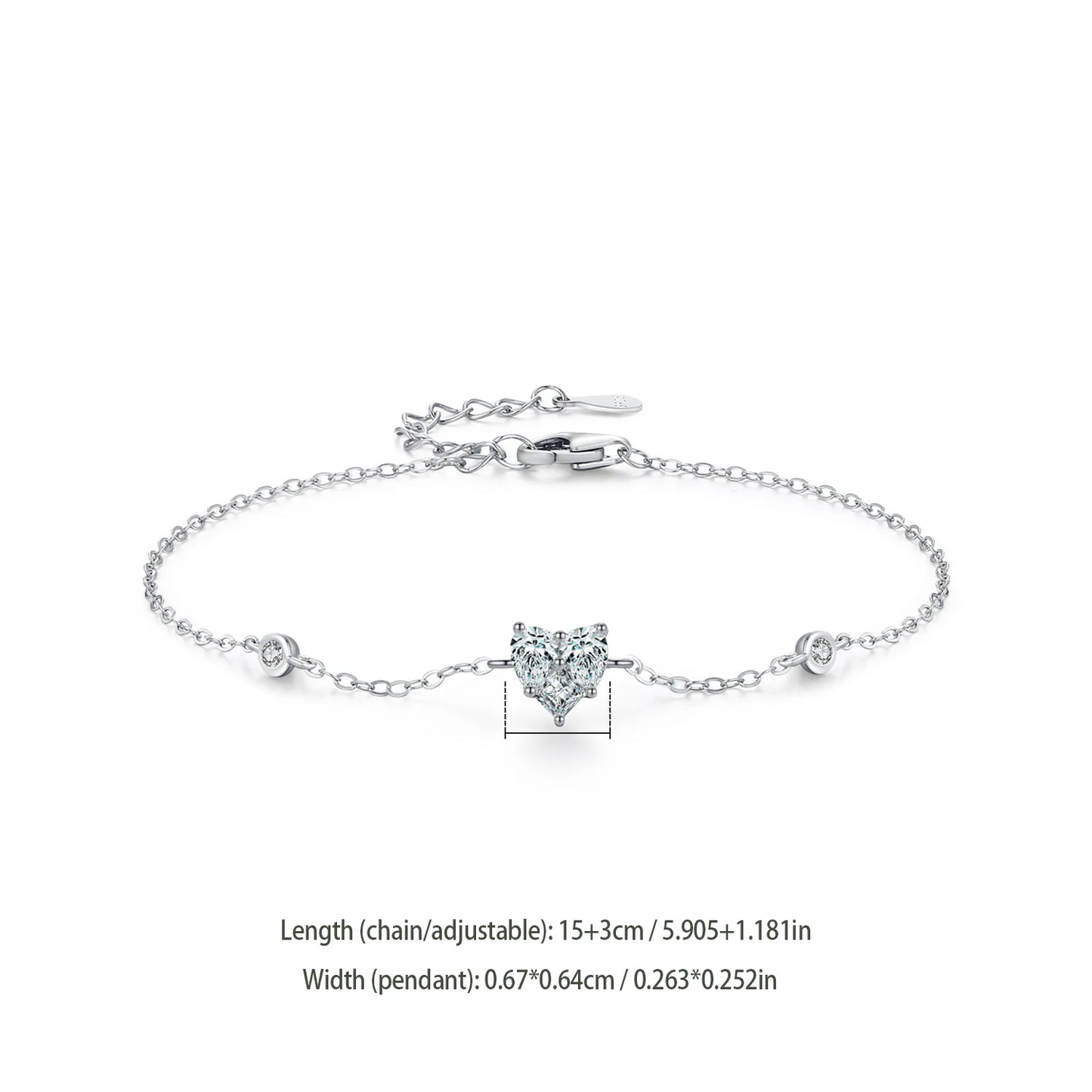 925 Sterling Silver heart-shaped Chain Bracelet  Clear Zircon Jewelry