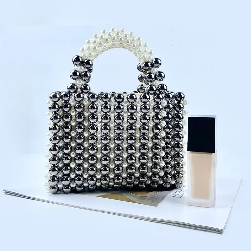 French Fashion High Quality String Handmade Beaded Weaving Hollow Handheld Bead Dinner Bag