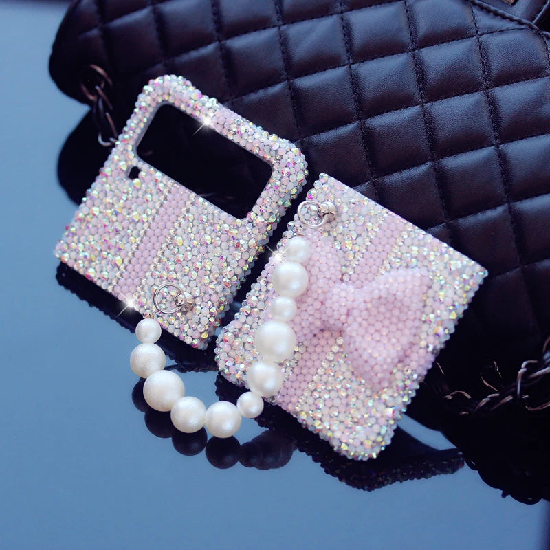 For Samsung Galaxy Z Flip 6 5 4 3 2 5G F7110 F7070 Luxury Rhinestones Crystal Cute Pearl Chain Wrist Jewell Bow Phone Case Cover