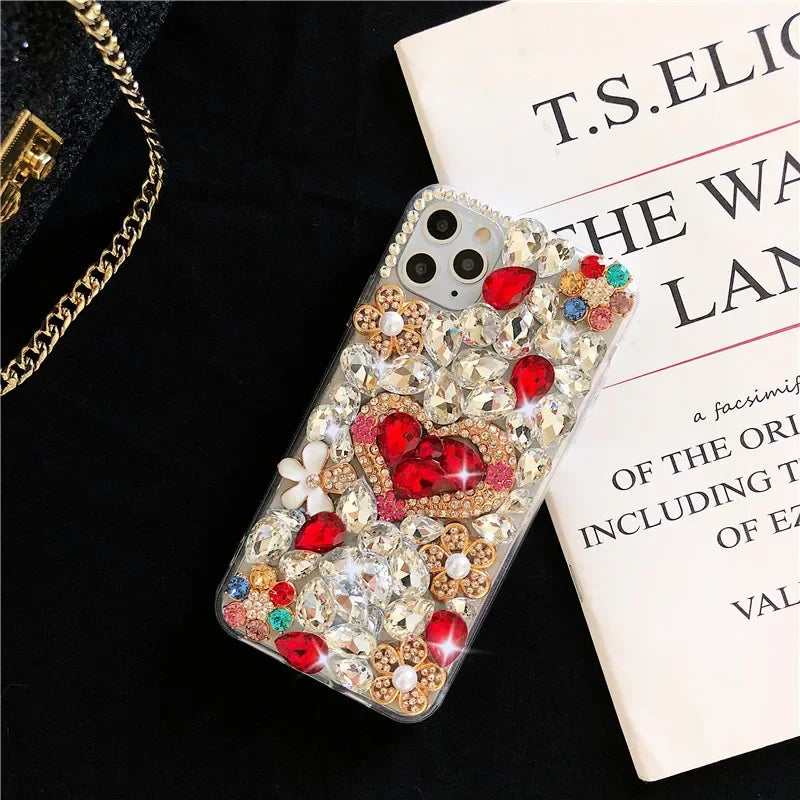 Luxury Handmade Rhinestone Phone Case with Cute Love Heart Design for Huawei P50 P60 Pro Mate 50 60 Honors 80 90 100 Pro