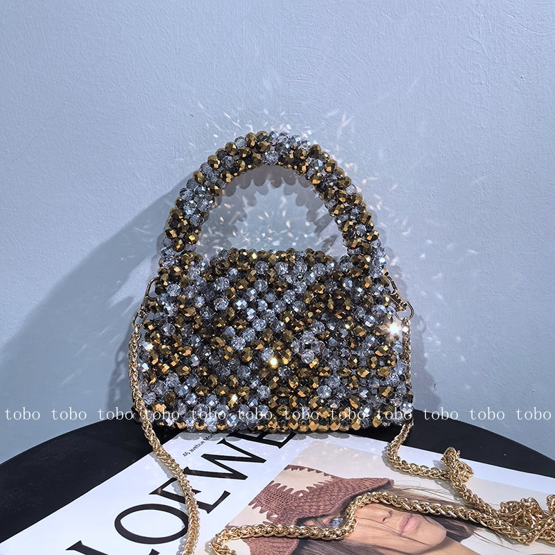 Crystal Bling Handmade Party Lunch Bags Unique Shiny Women's Handbag 2023 Trendy Female Sliver and Golden Long Belt Wallet