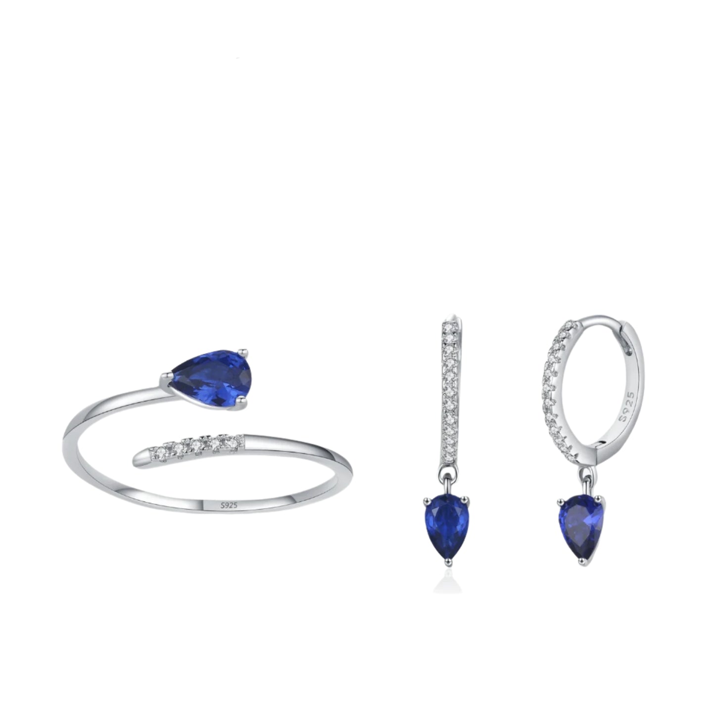 925 Sterling Silver Elegant Blue Pear shaped Earring Ring Set Zirconia  Jewelry