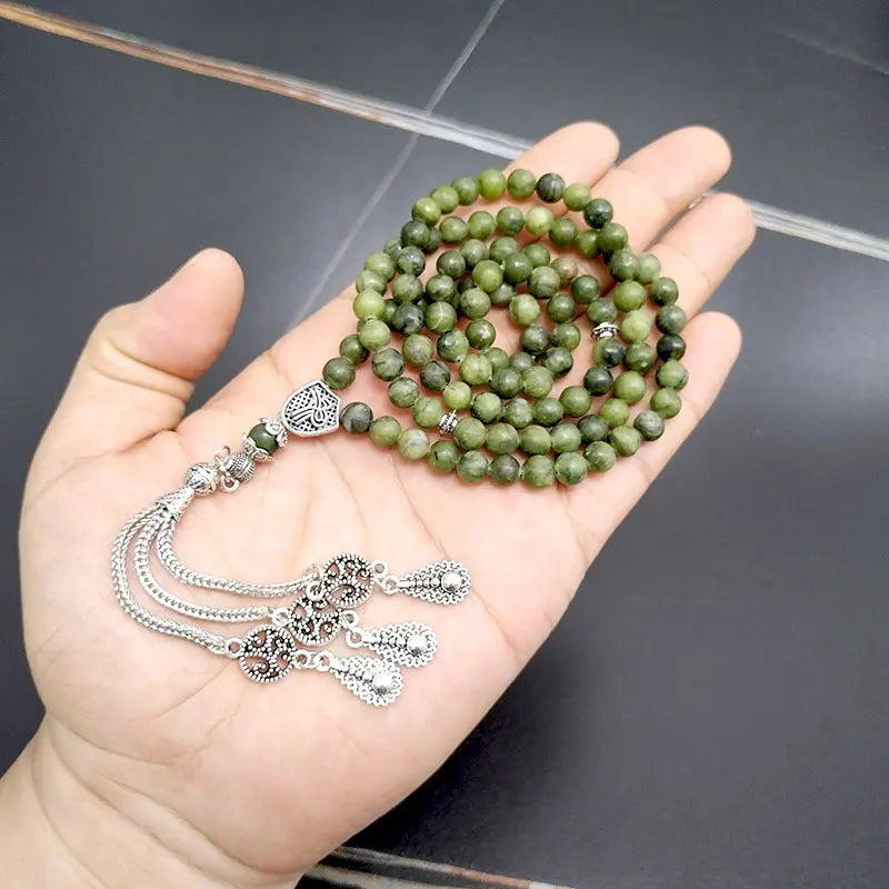 Tasbih 6mm 99 100 Natural Green Jade charm bracelet Gemstone Rosary Bead Misbaha Islamic Jewelry Gift