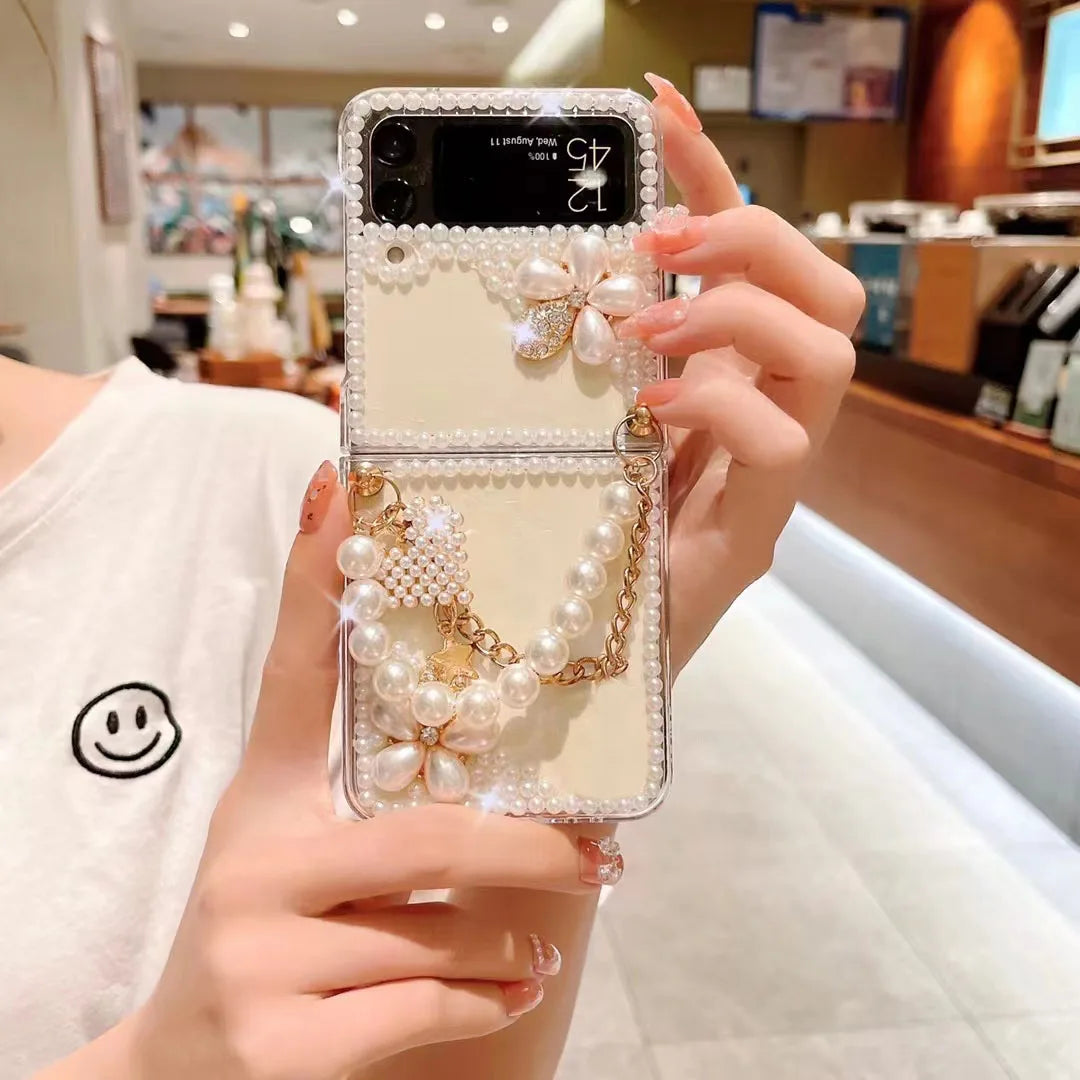 For Samsung Galaxy Z Flip 5 4 3 5G F7110 F7070 Rhinestones Crystal Pearl Crown Heart Wrist Luxury Phone Case Cover