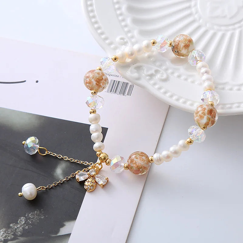 100% Natural Freshwater Pearl Trendy Honeybee 14K Gold Filled Ladies Charm Bracelet Promotion Jewelry