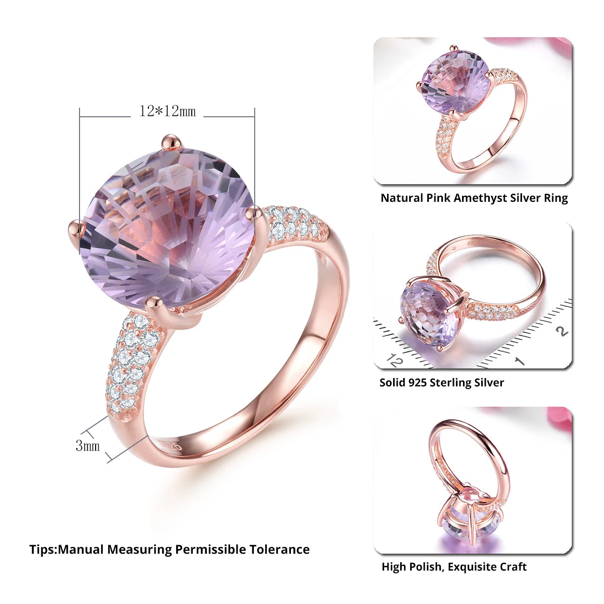 Natural Pink Amethyst Sterling Silver Rose Gold Plated Ring 6.5 Carats