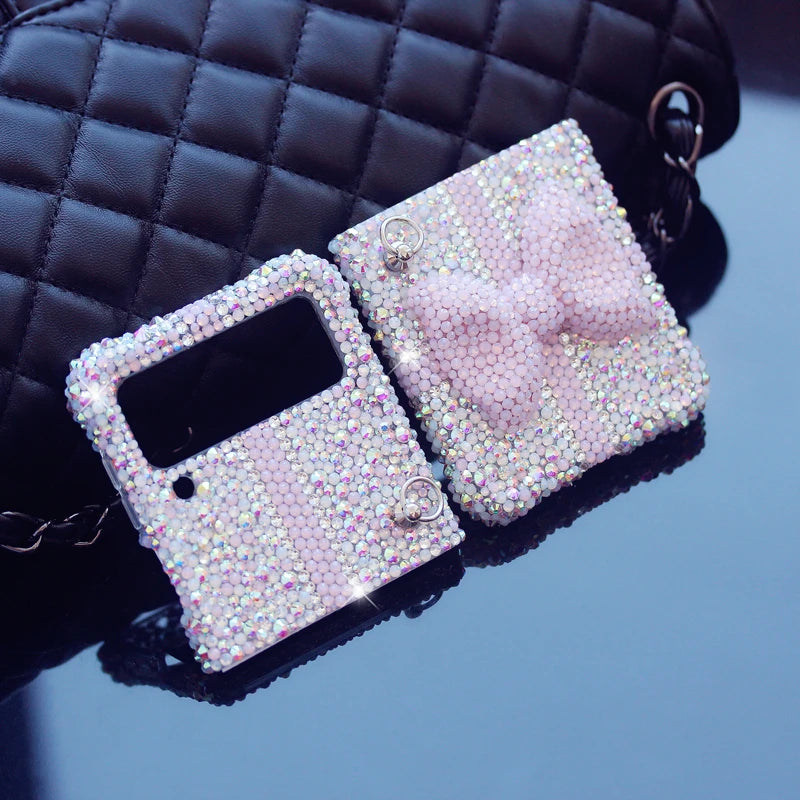 For Samsung Galaxy Z Flip 6 5 4 3 2 5G F7110 F7070 Luxury Rhinestones Crystal Cute Pearl Chain Wrist Jewell Bow Phone Case Cover