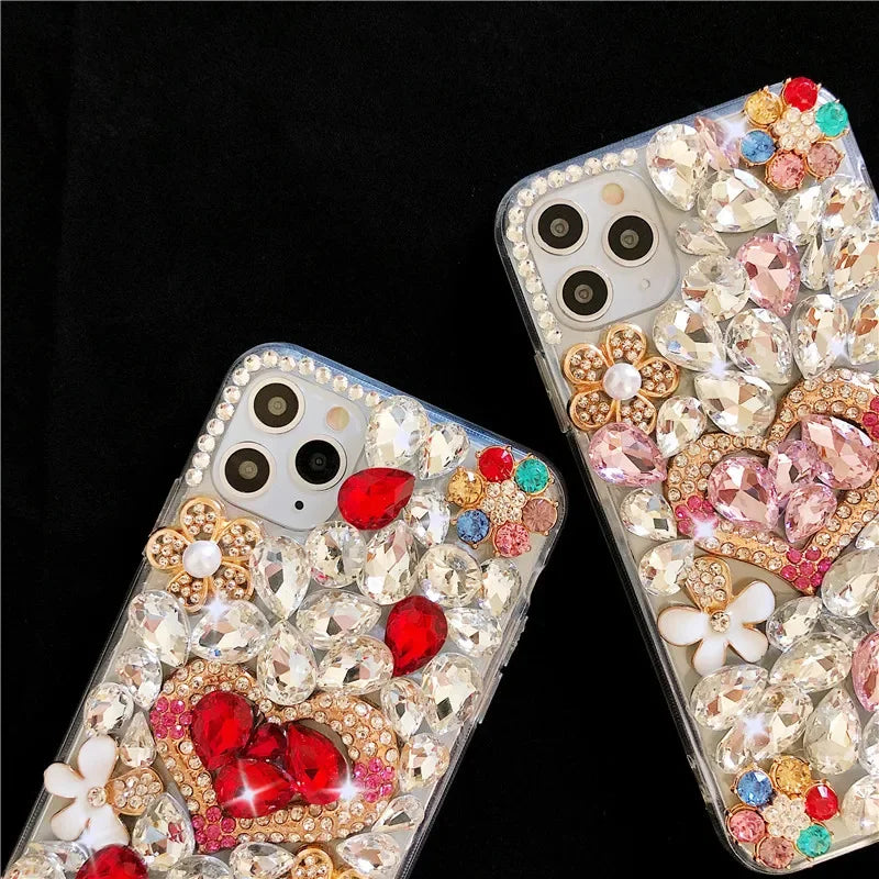 Luxury Handmade Rhinestone Phone Case with Cute Love Heart Design for Huawei P50 P60 Pro Mate 50 60 Honors 80 90 100 Pro