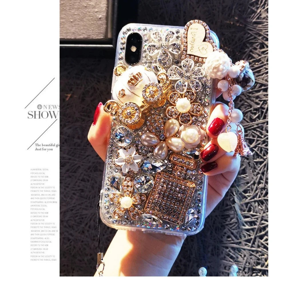 Sparkling Rhinestone Jewelry Phone Case with Strap, 3D Diamond, Luxury, for Huawei P50 P60 Pro Mate 50 60 Honors 80 90 100 Pro