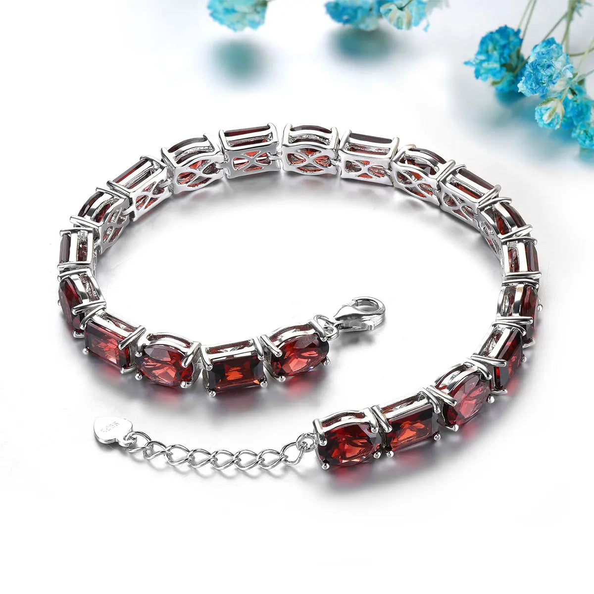 Natural Red Garnet Sterling Silver S925   Bracelet 38.5 Carats Genuine Gemstone Luxury Gorgerous