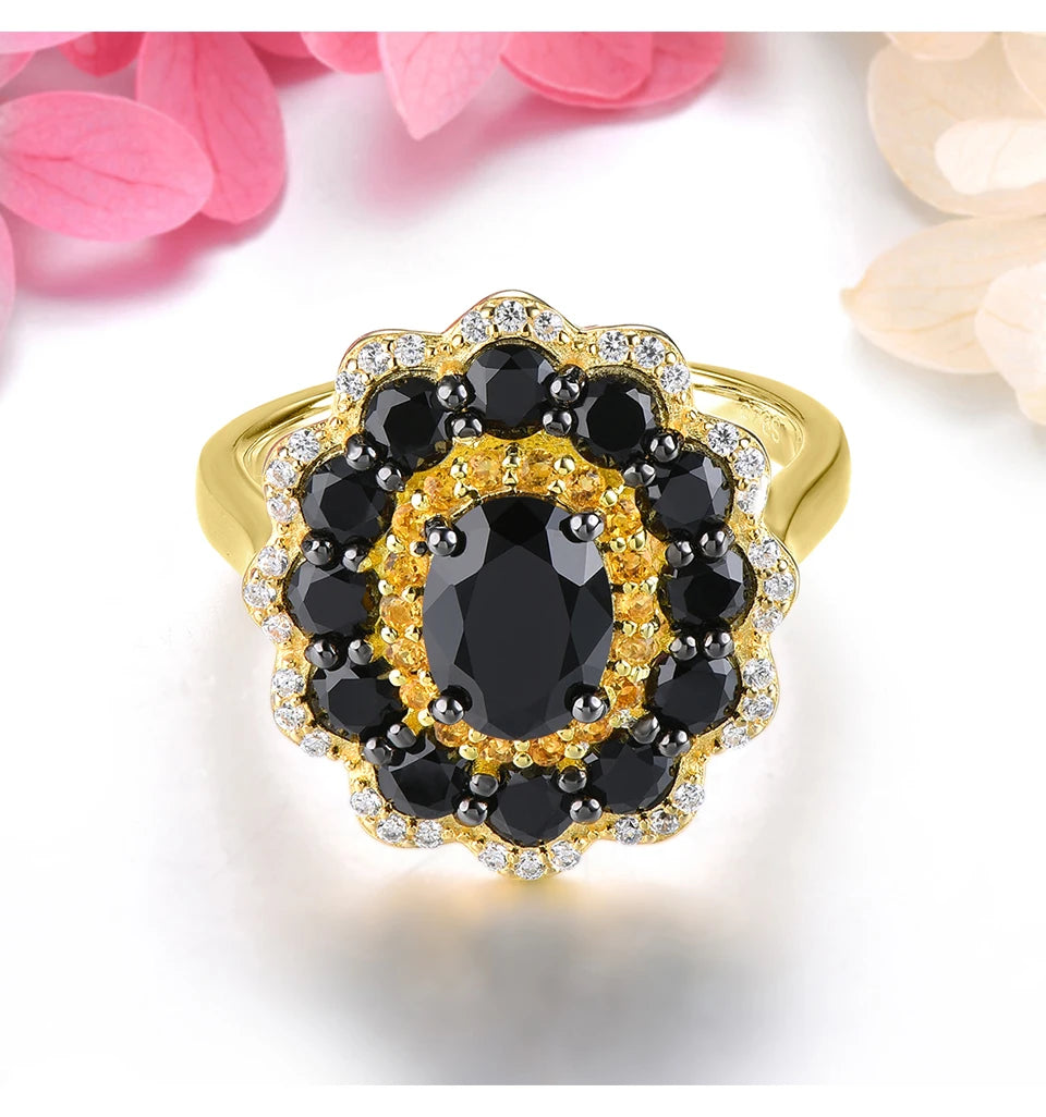 Natural Black Spinel Citrine Silver Rings 3.5 Carats Gemstones Yellow Gold Plated  Jewelry Original