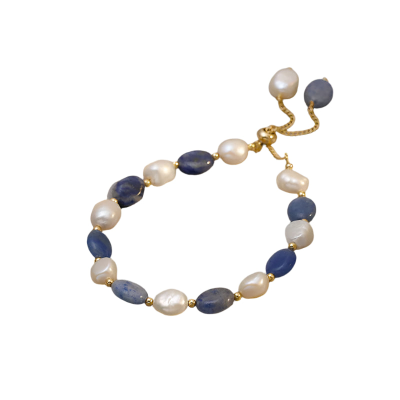 Blue Jade Stone & Baroque Freshwater Pearl 14K Gold Filled Female Charm Bracelet Jewelry