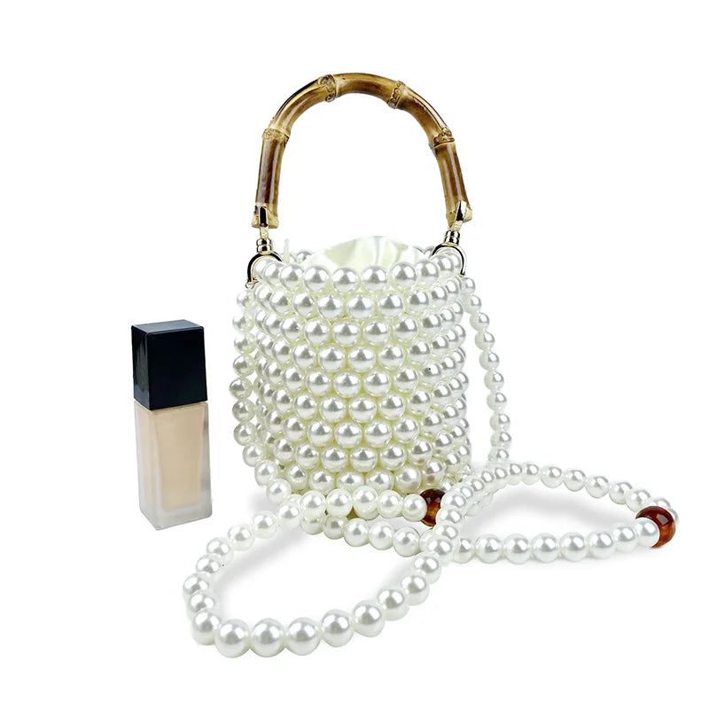 Product Network Red Bamboo Knot Handle Bag Pearl Chain Mini Bucket Bag