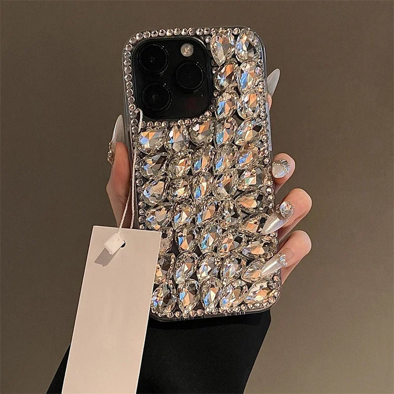 Bling Big Water Drop Crystal Phone Cover For iPhone 16 15 14 13 12 11 Mini Pro Max XR XS 7 8 Plus DIY Full Rhinestone Clear Case