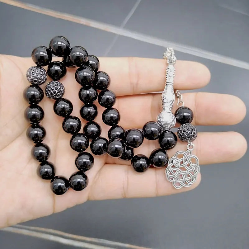 Tasbih Natural Black Agates With Zircon Rosary Beads Muslim Bracelet Eid gift misbaha Islamic accessorise Turkish Jewelry