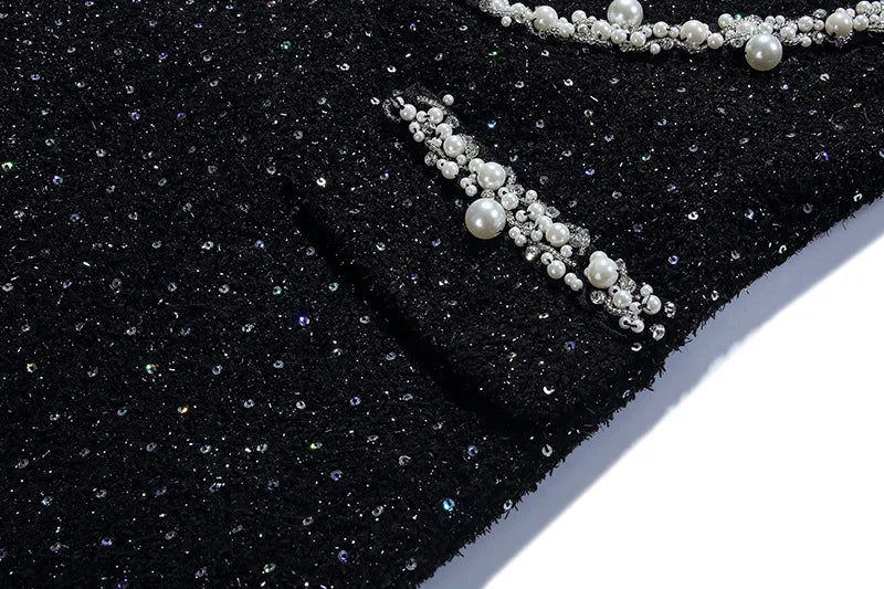 Quality Autumn Winter Beaded Diamonds Suit Coat Tweed Dress Women White Collar Shirt Top Black Long Sleeve Pencil Party Vestidos