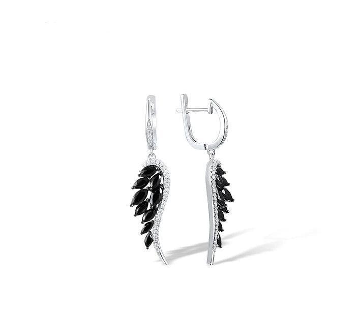 925 Sterling Silver Earrings  Black Spinel  Angel Wings Drop Jewelry