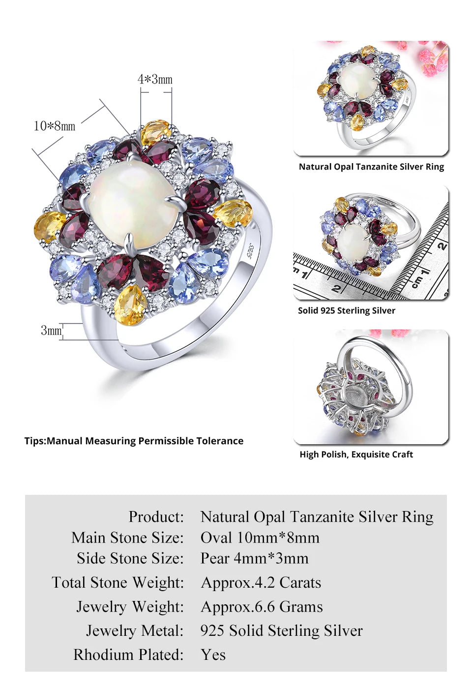 Natural Opal Tanzanite Garnet Solid Sterling Silver Rings 4.2 Carats Multicolor Gemstone Citrine Original Design Jewelrys