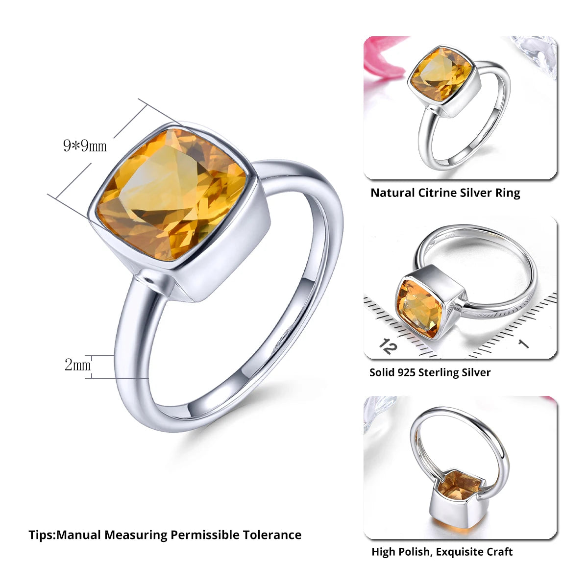 Natural Citrine Solid Silver Rings 1.9 Carats Genuine Gemstone Classic