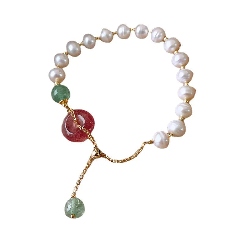 100% Natural Freshwater Pearl & Strawberry Quartz 14K Gold Filled Female Charm Bracelet Wholesale Jewelry