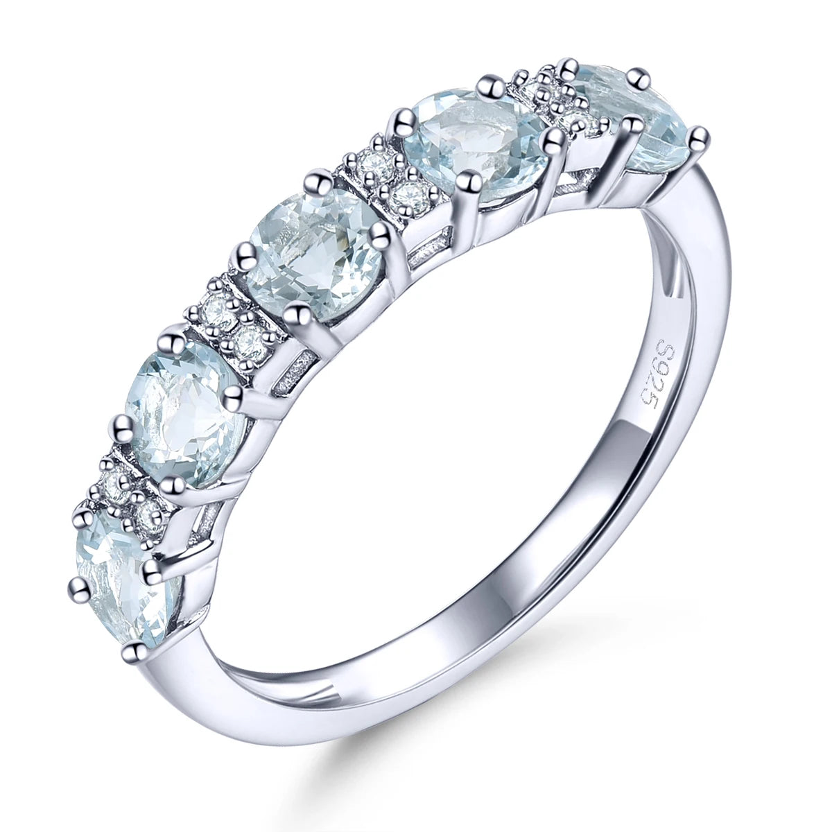 Natural Aquamarine Solid Sterling Silver Rings 1.2 Carats Genuine Birthstone Light Blue S925 Fine Jewelry Style Christmas